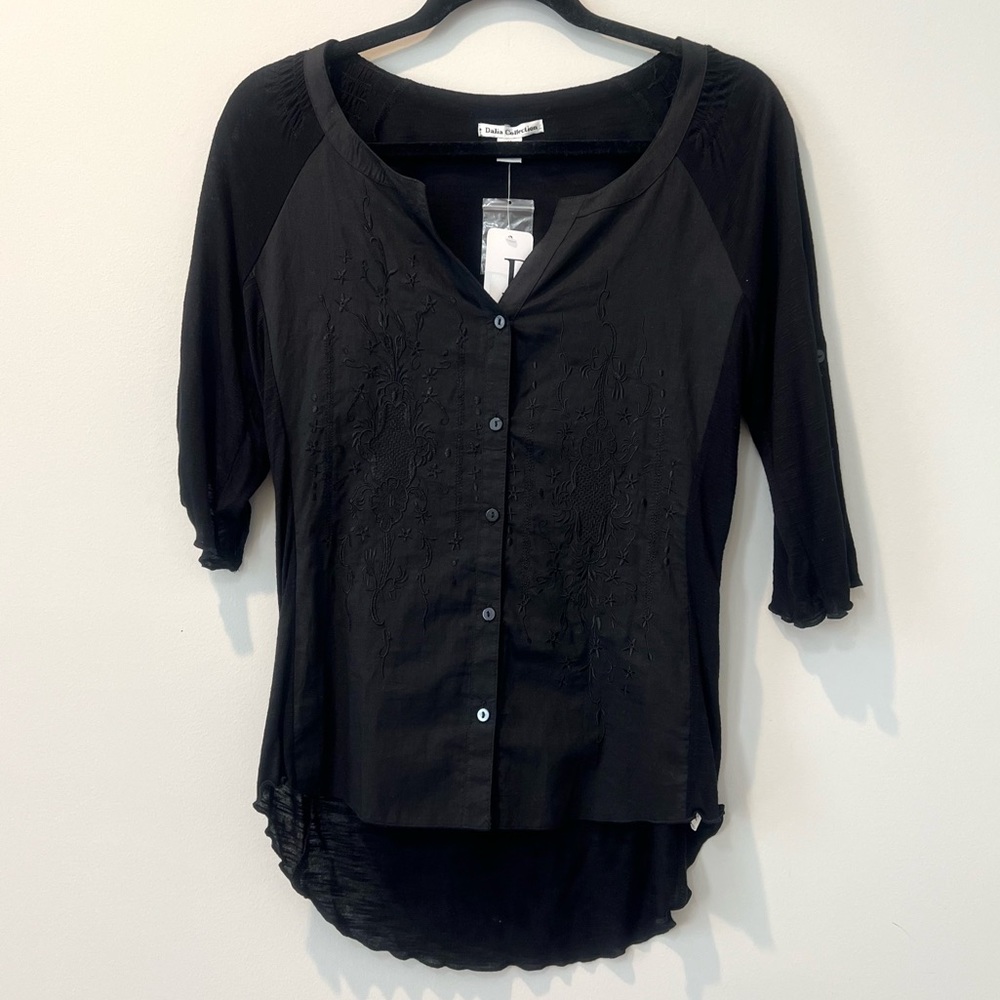 Dalia Collection Black Embroidered Blouse Top Size M
